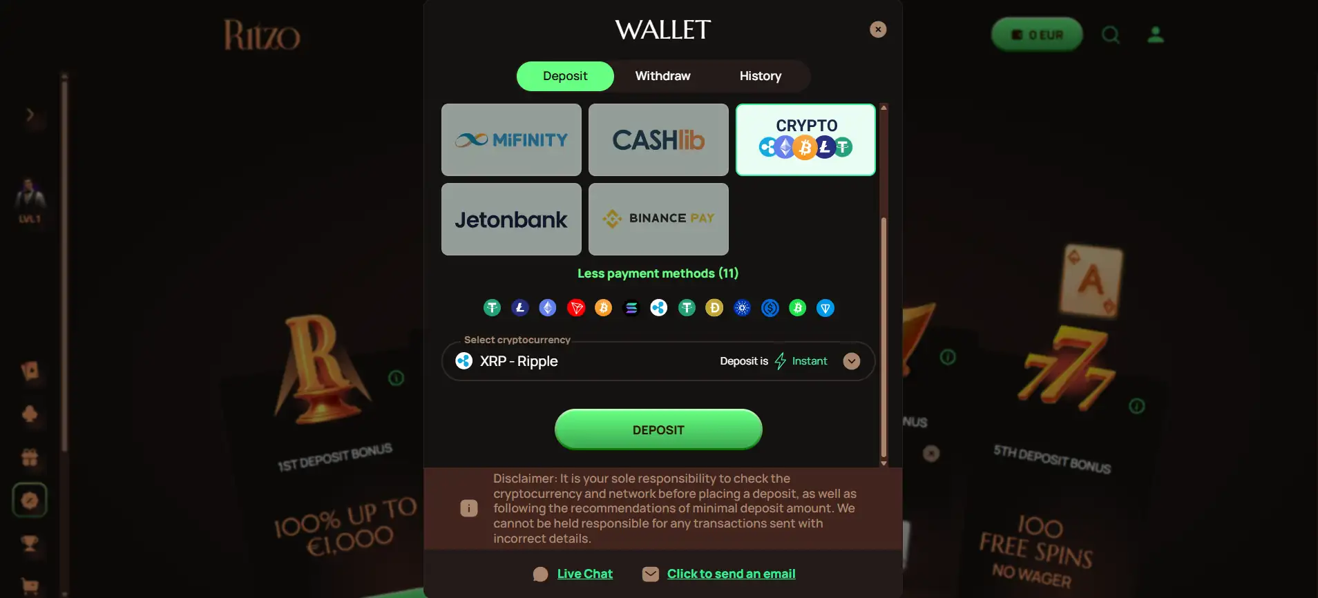 screenshot of the cashier section at Ritzo Casino, showing the Ripple option selected
