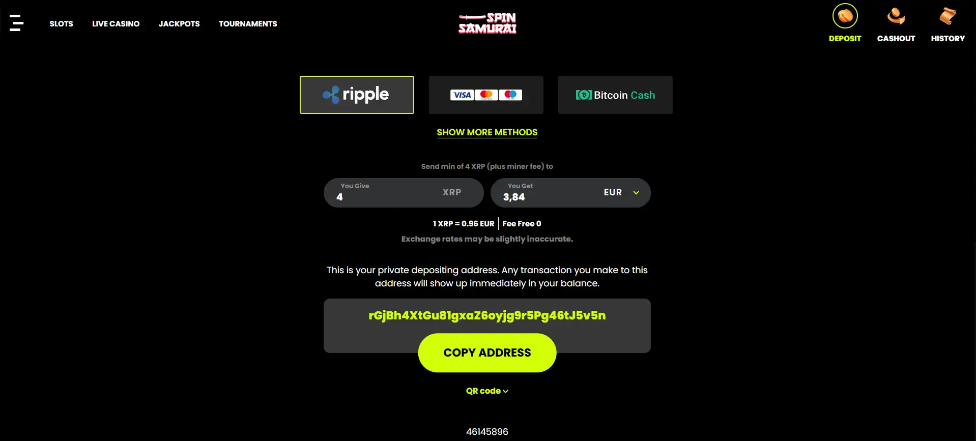 Ripple method selected during payment at Samurai Spin Casino
