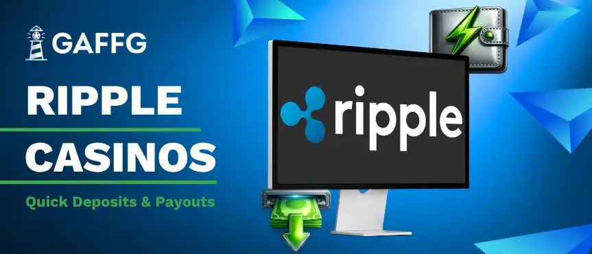 banner with the words Ripple Casinos and Ripple logo on the screen with banknote and wallet icons
