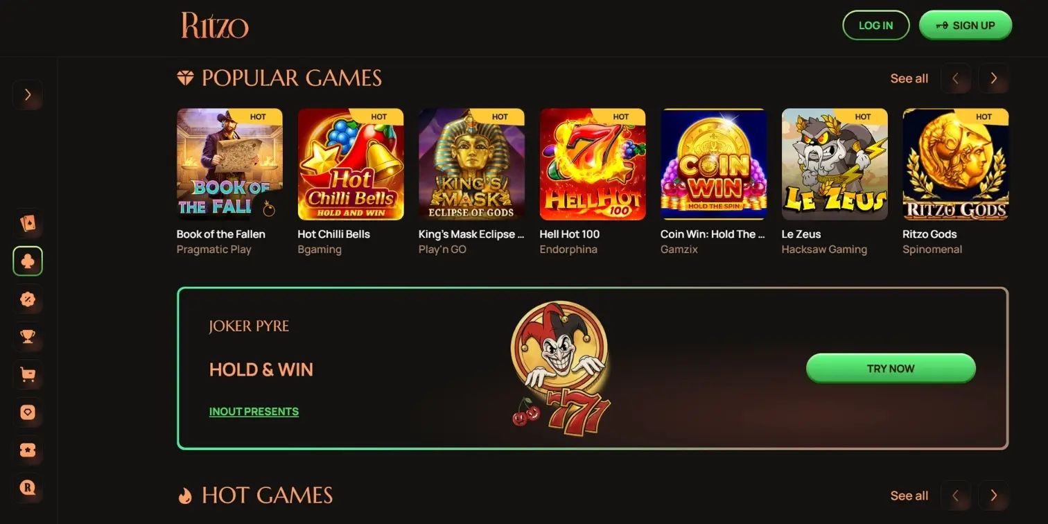 Ritzo casino banner showing the casino homepage and its popular game options