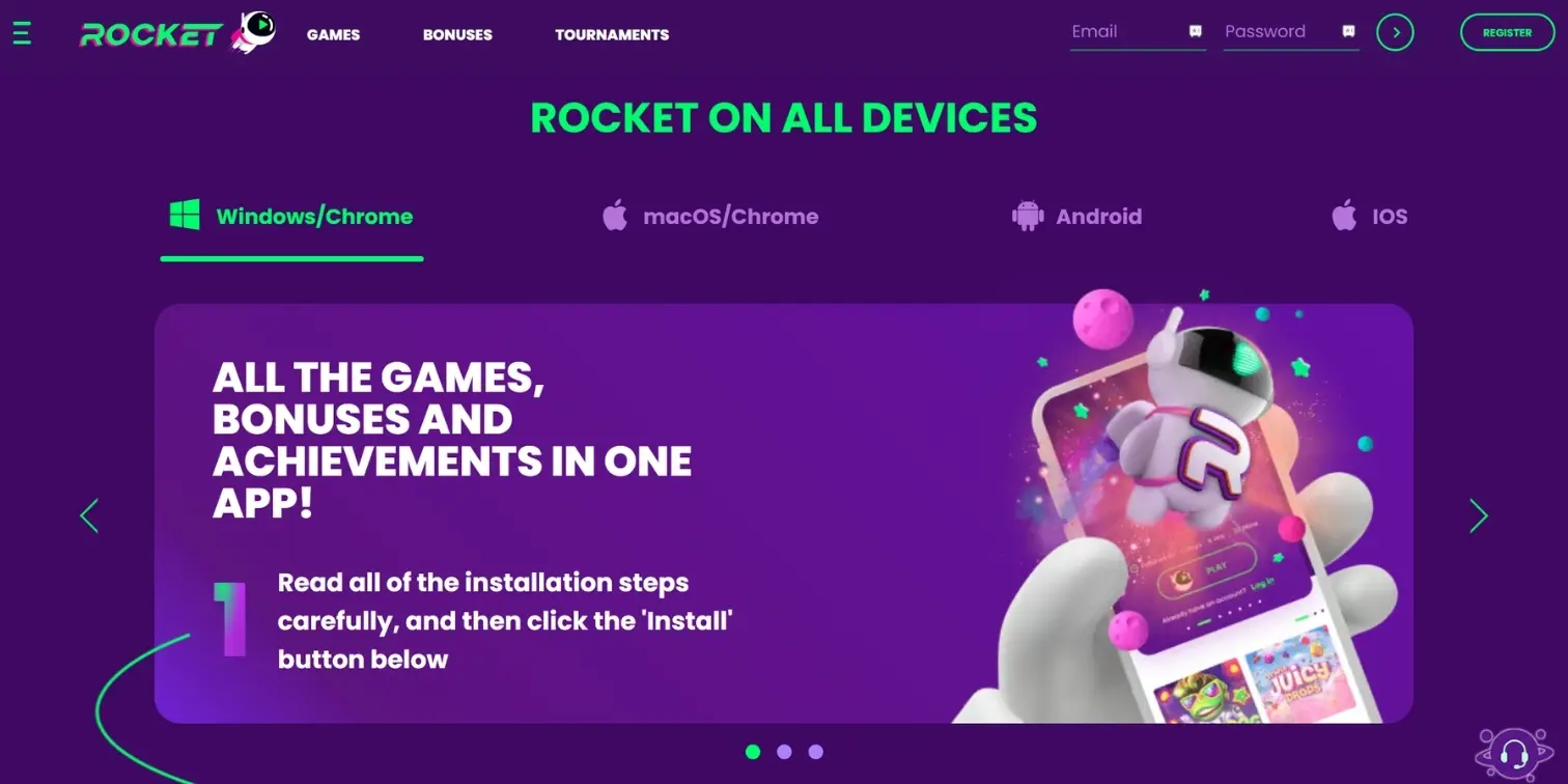 Casino Rocket banner showing the casino app page with the information of the installation
