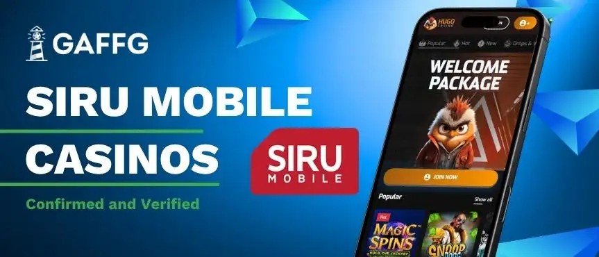 GAFFG banner for Confirmed Siru Mobile Casinos showing a mobile casino app.