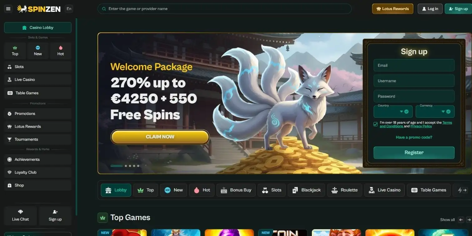 Spinzen Casino lobby with fox, €4,250 bonus, 550 FS and sign-up form for Siru players.