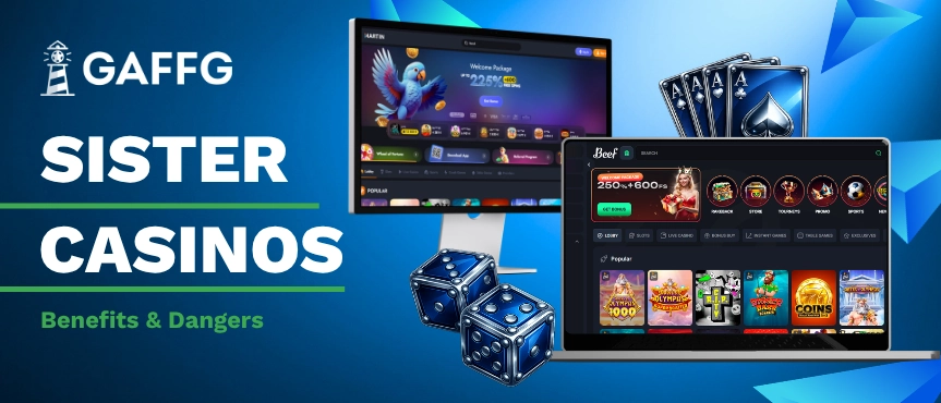 banner with title Sister Casinos, casinos welcome pages on two monitors and dice with cards