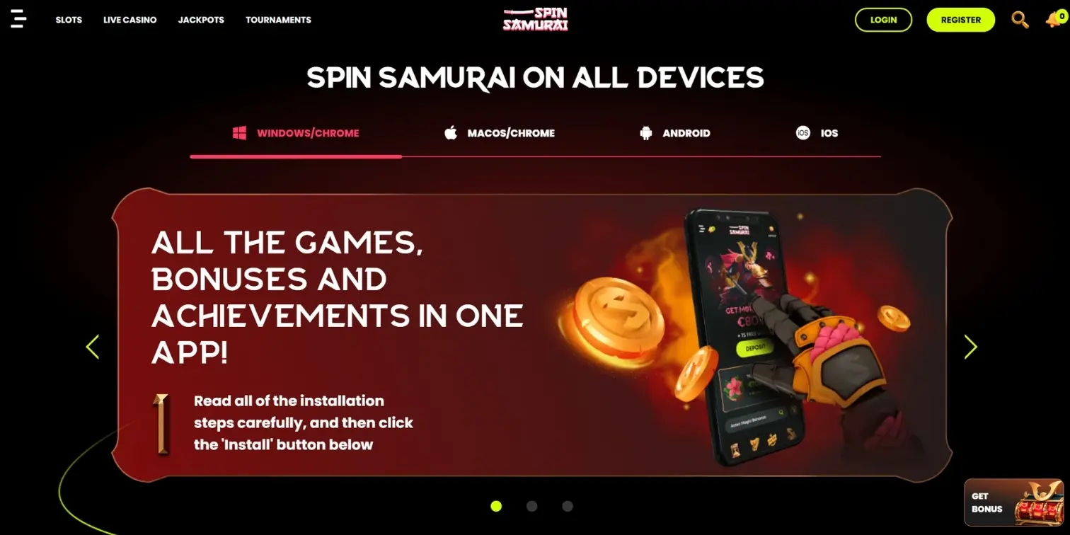Spin Samurai casino banner showing the app page with installation guidance