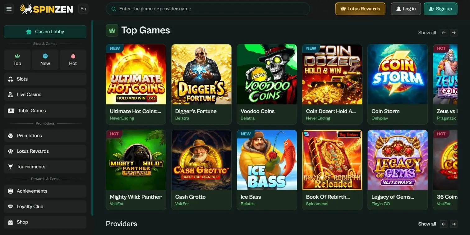  Spinzen casino banner showing the casino homepage and top game options for slot enthusiasts