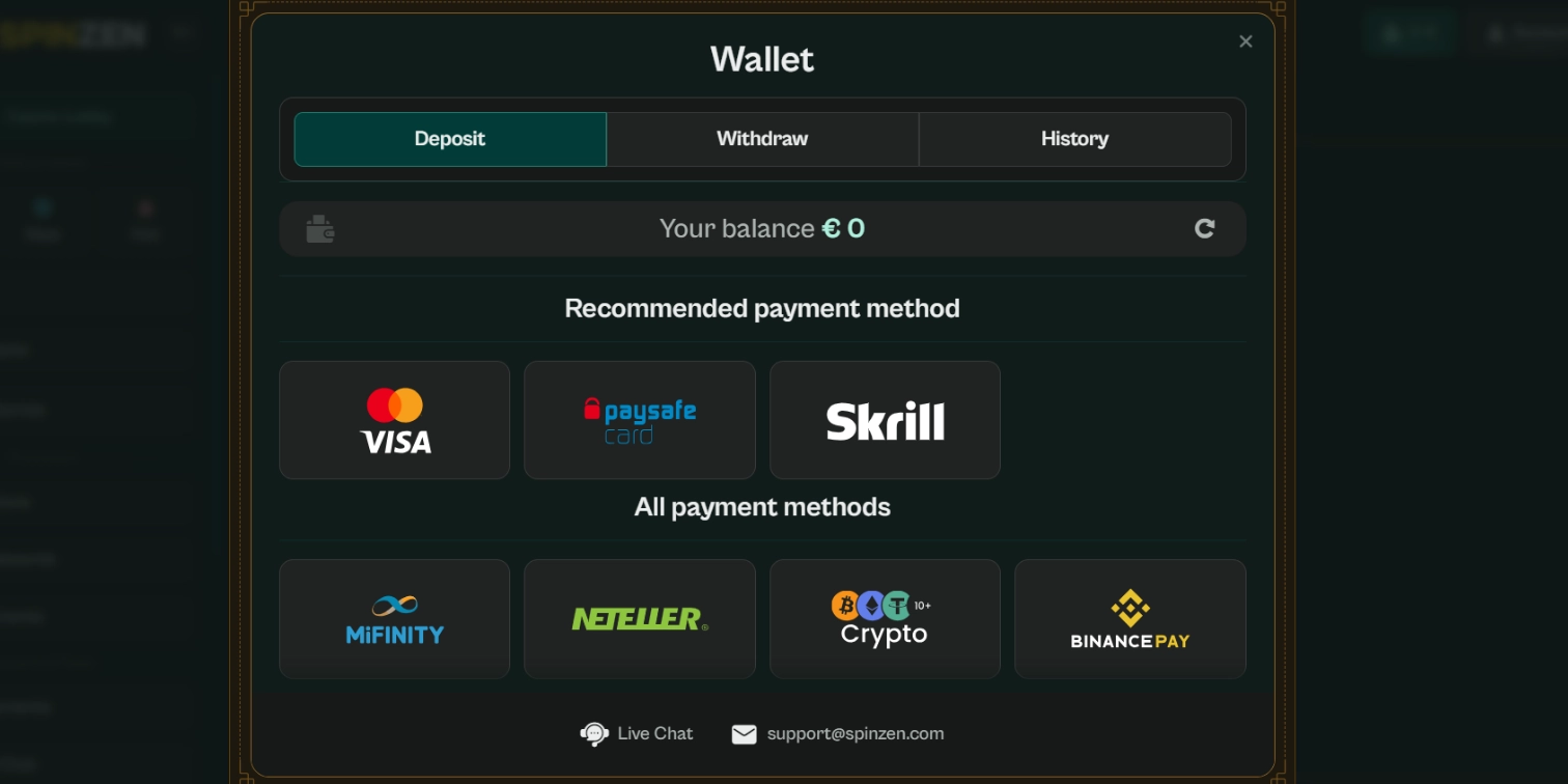 view of cashier at spinzen casino and available deposit methods where mastercard is recommended