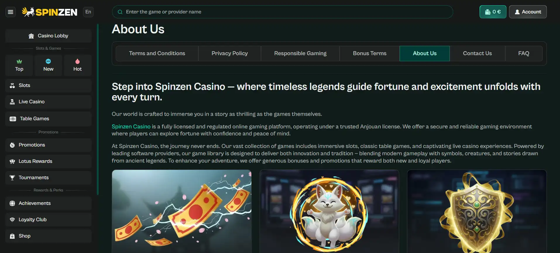 About Us tab on the Spinzen website featuring casino details and menu on left side