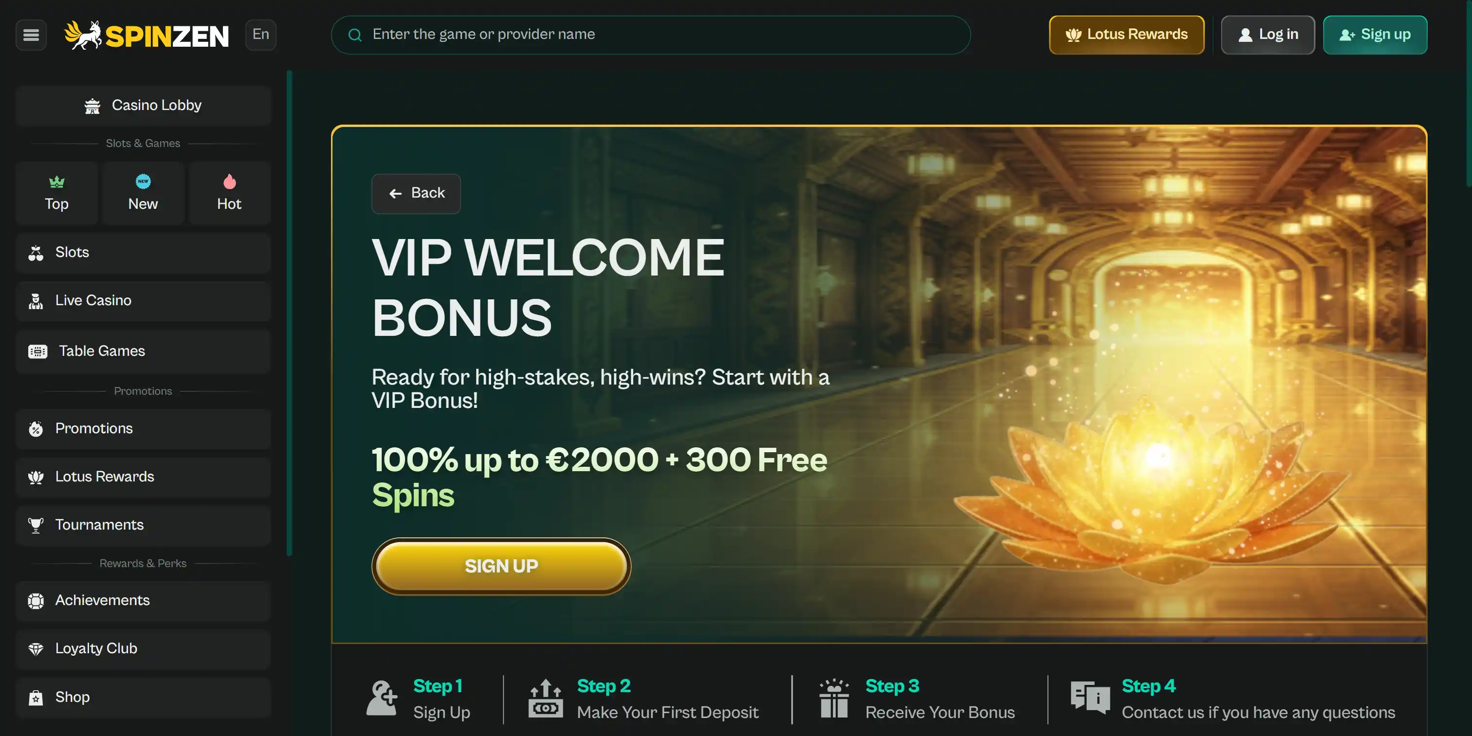 Spinzen online casino website displaying a VIP Welcome Bonus promotional banner.