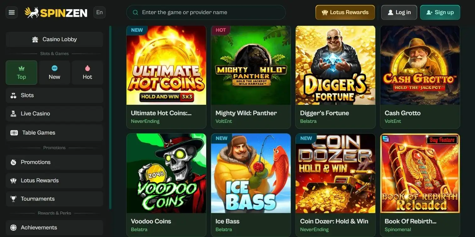 Spinzen Casino showing various slot tiles like Ultimate Hot for Interac casino players.