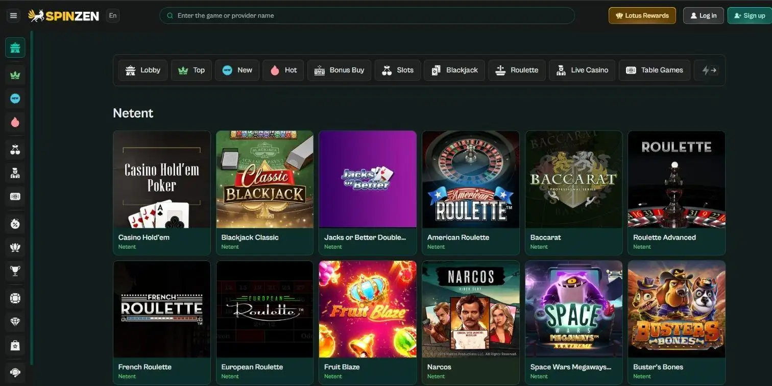Spinzen Casino NetEnt page with poker, blackjack, roulette and baccarat games