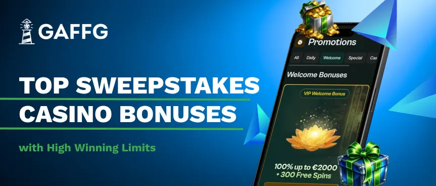 GAFFG banner for Top Sweepstakes Casino bonuses featuring a mobile screen and gift box.