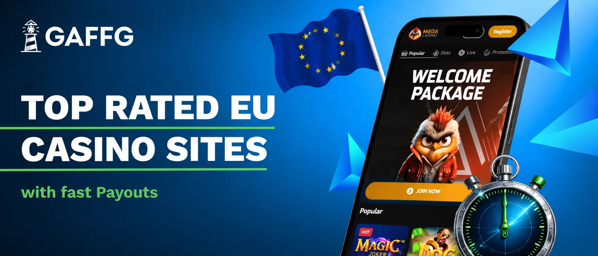 Banner reading Top Rated EU Casinos with fast Payouts next to a phone and stopwatch.