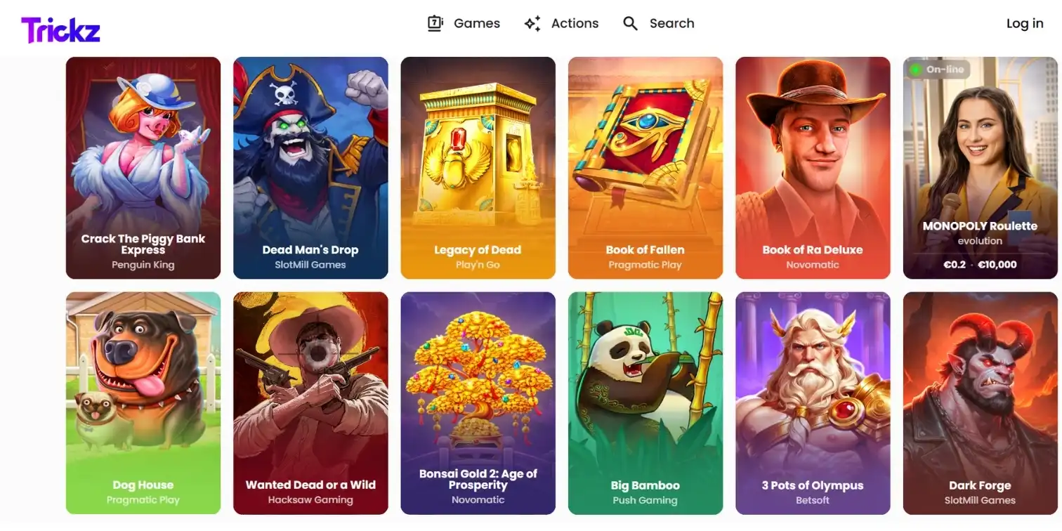 Trickz casino banner showing the casino games page with popular slot machine options