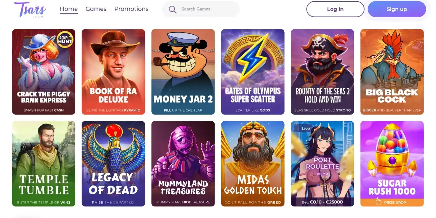Tsars casino banner showing the casino homepage with the most popular game options