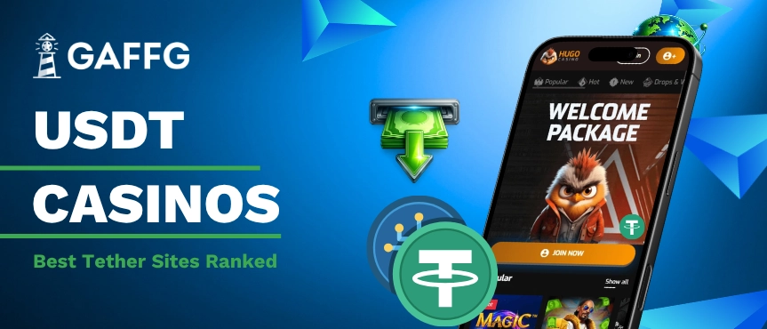 GAFFG banner for USDT Casinos featuring a smartphone with the Hugo Casino app.