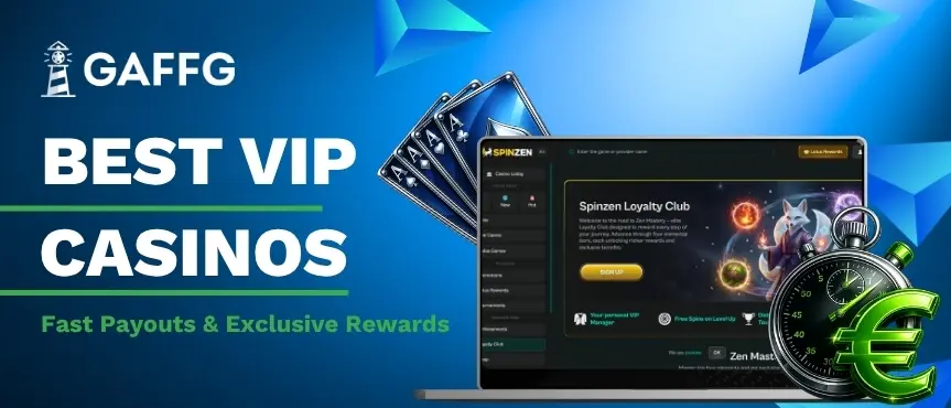 GAFFG banner for Best VIP Casinos with a laptop, cards, and a stopwatch euro symbol.