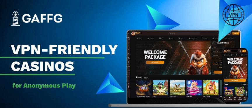 Promotional banner for VPN-friendly casinos featuring a laptop and mobile screen mockup.