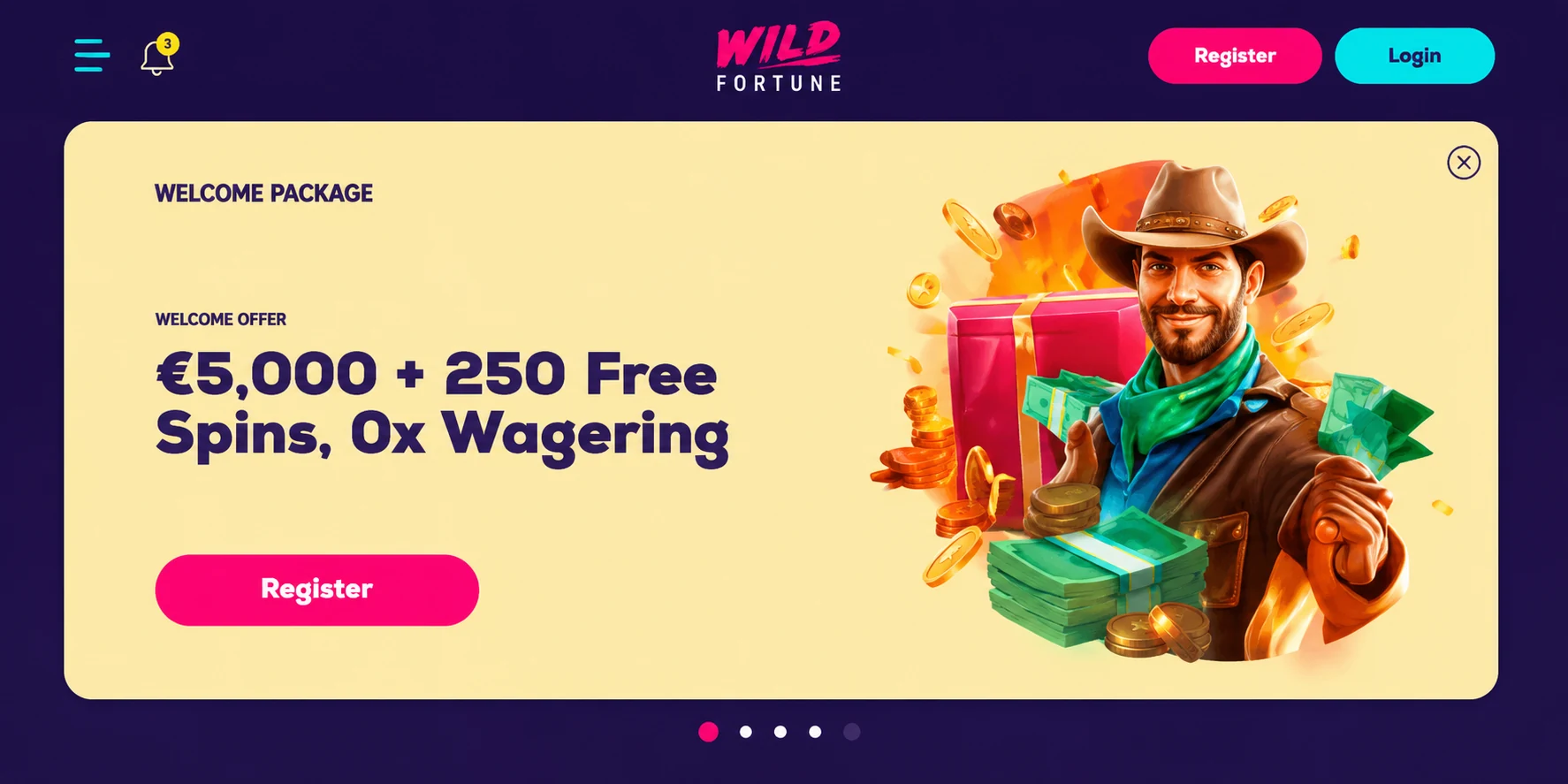 Wild Fortune casino welcome banner featuring a smiling cowboy with a safe, cash, and coins.