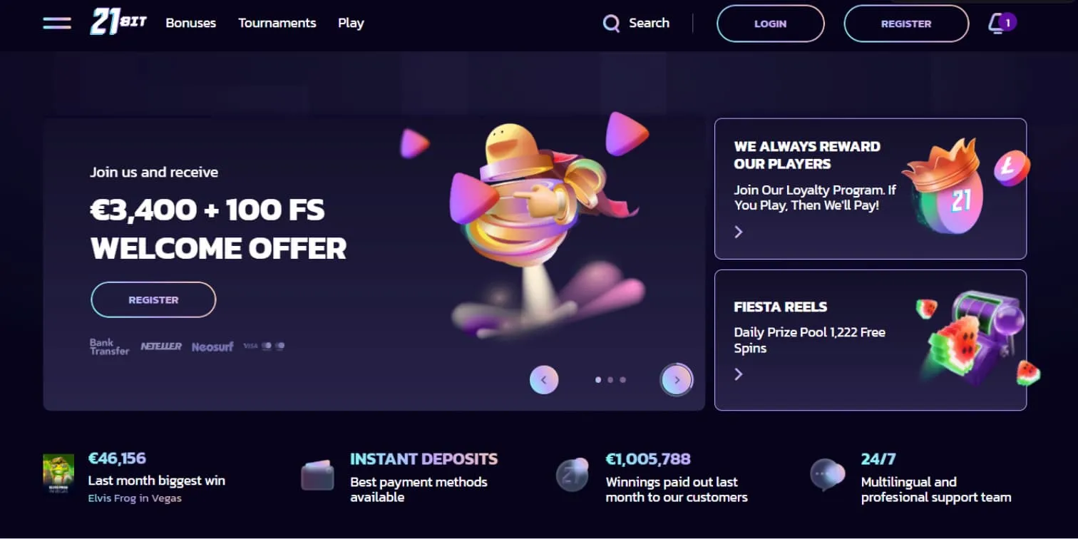 21bit Casino homepage with €3,400 and 100 free spins welcome offer and loyalty promotions.
