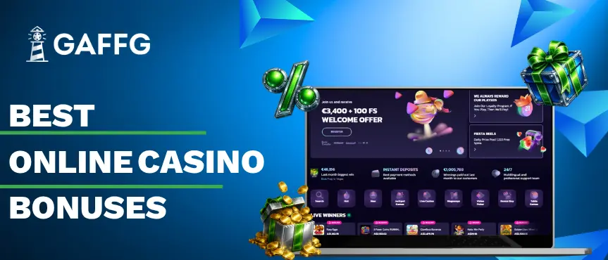 GAFFG banner promoting online casino bonuses with a laptop, gifts, and coins.