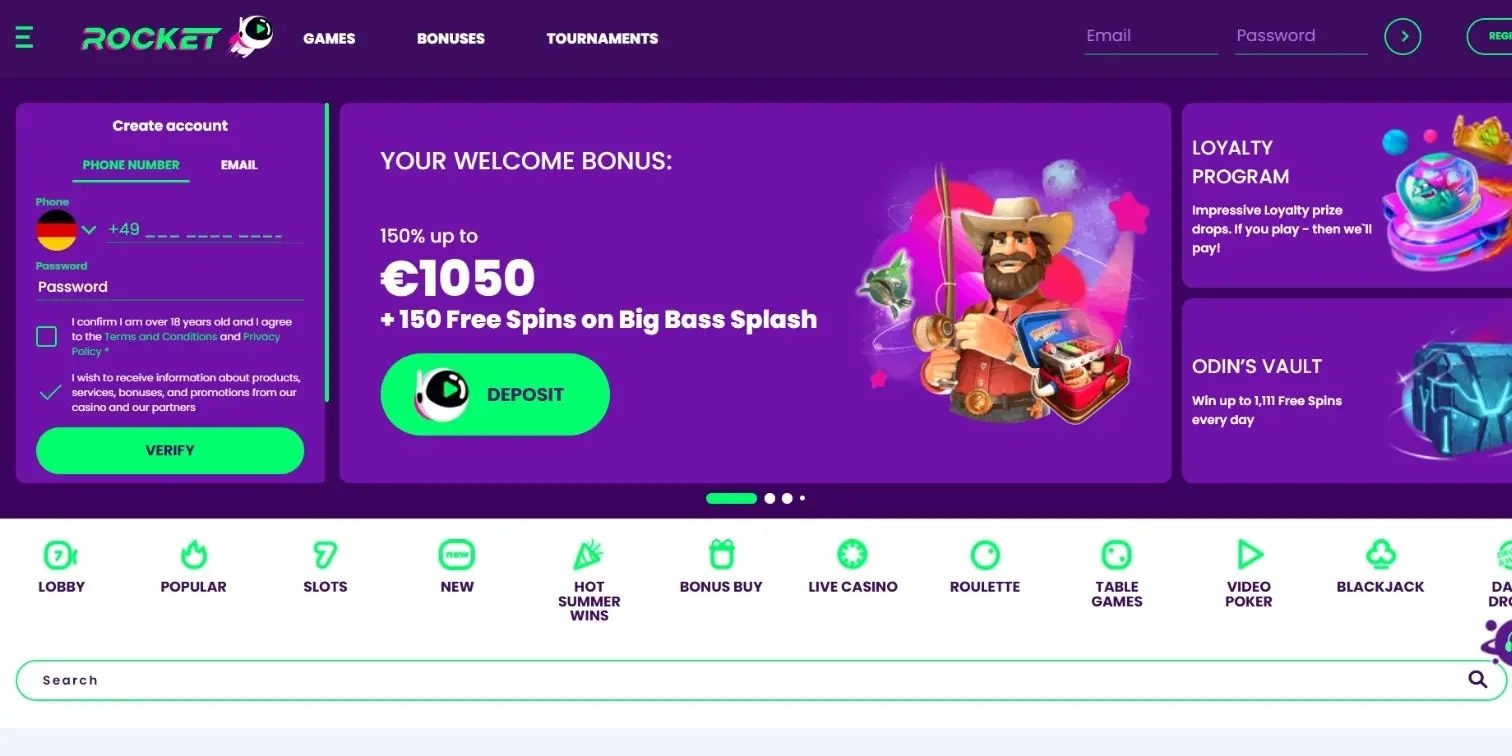 CasinoRocket welcome bonus with €1,050 and 150 FS for bitcoin players.