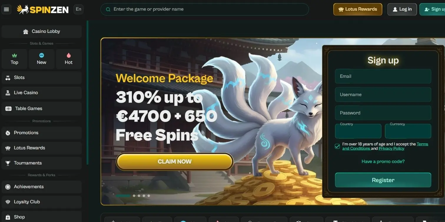 Spinzen homepage with anime-style nine-tailed fox and a welcome bonus offer for bitcoin users.