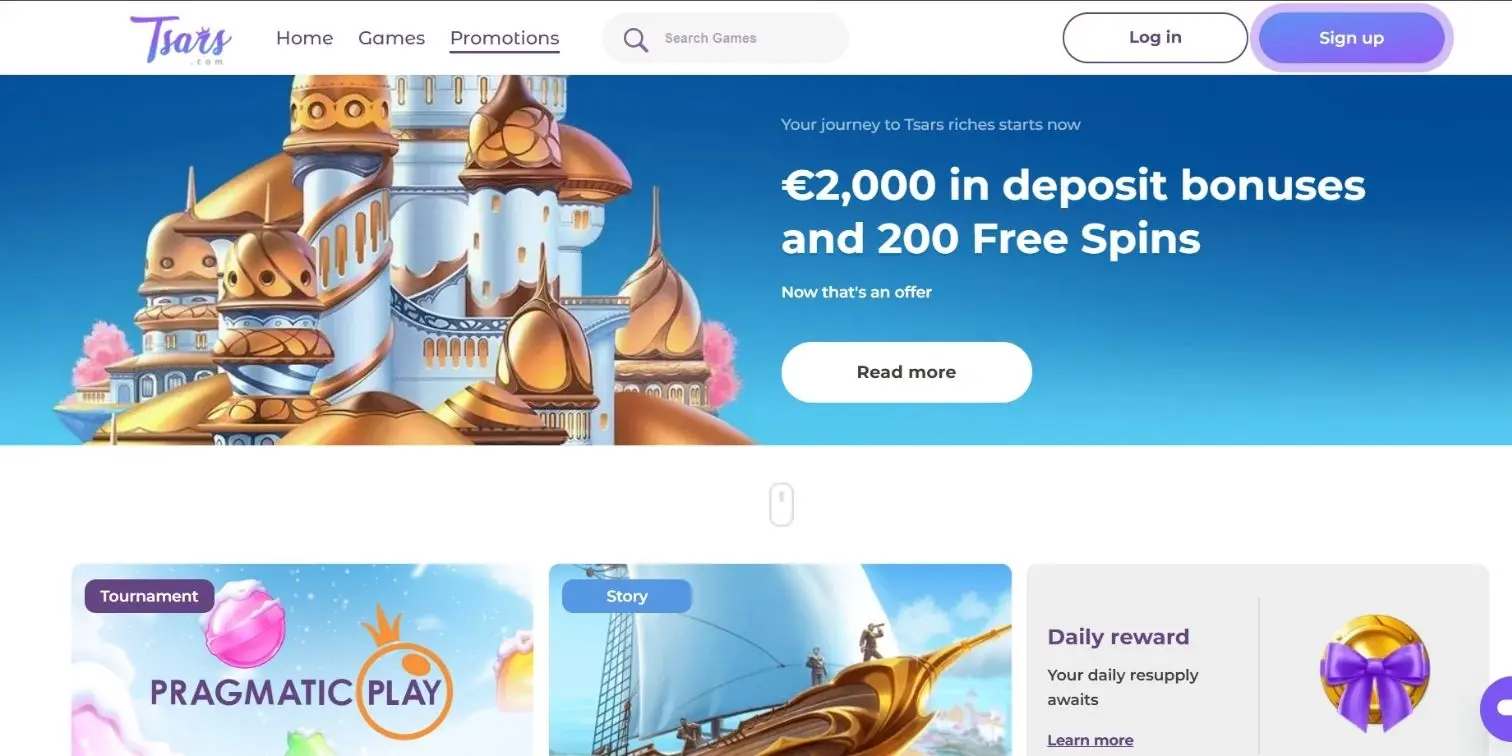 Tsars Casino with a welcome bonus up to 2000 EUR and 200 FS for bitcoin players.