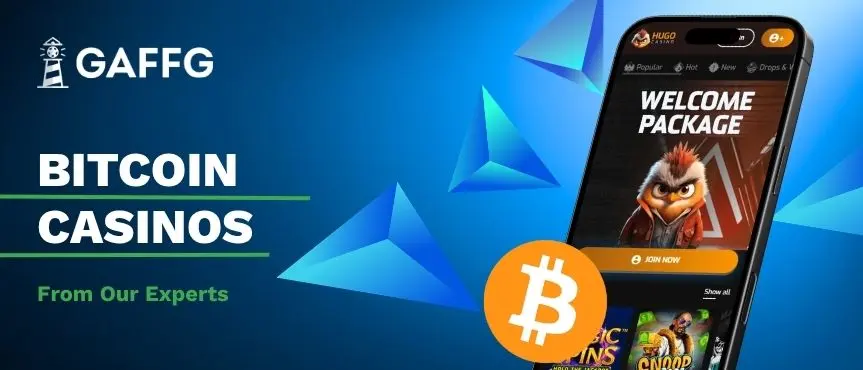 GAFFG banner for Bitcoin casinos with mobile welcome package and large Bitcoin symbol.