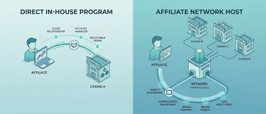 Side-by-side diagram of a direct casino affiliate program and an affiliate network host.