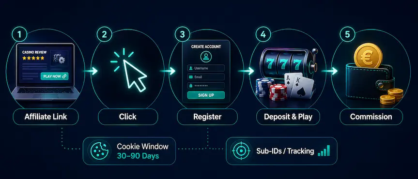 Illustration of casino affiliate journey from link click and registration to play and commission.
