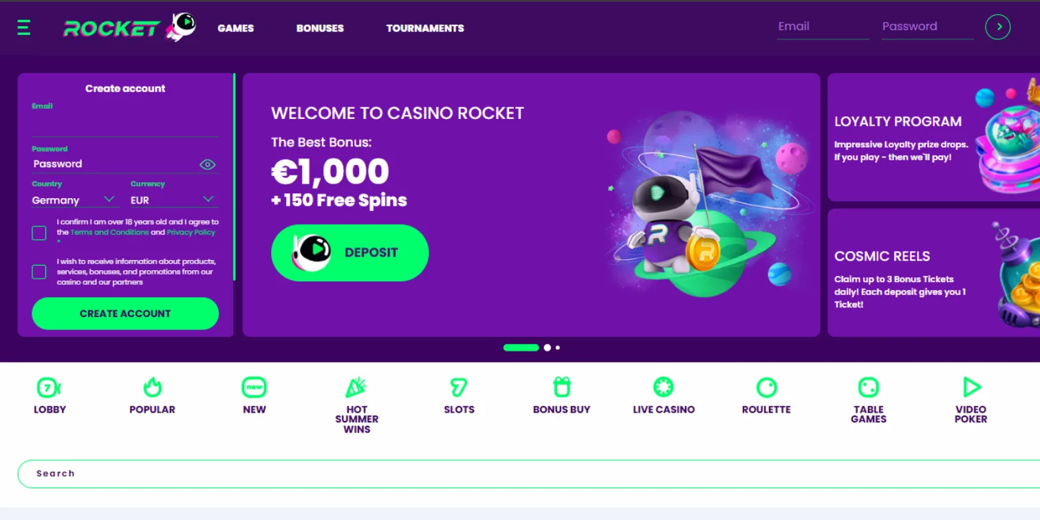 Casino Rocket homepage with €1,000 bonus, 150 free spins, signup form and game categories.