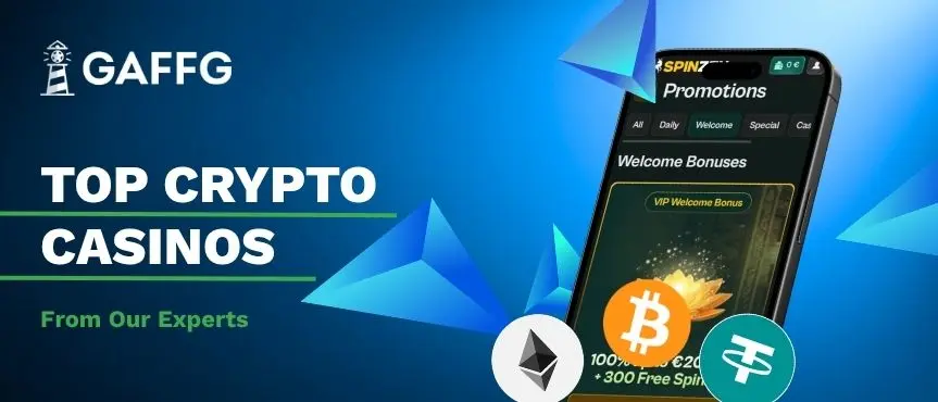 Top crypto casinos banner with bonuses for Bitcoin, Ethereum and Tether.