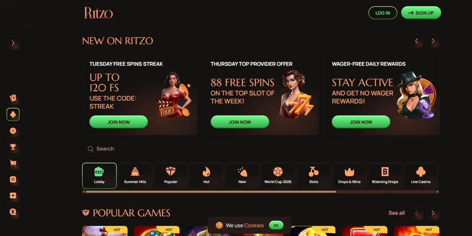 Ritzo lobby with free spins streak, daily rewards promos for crypto players.