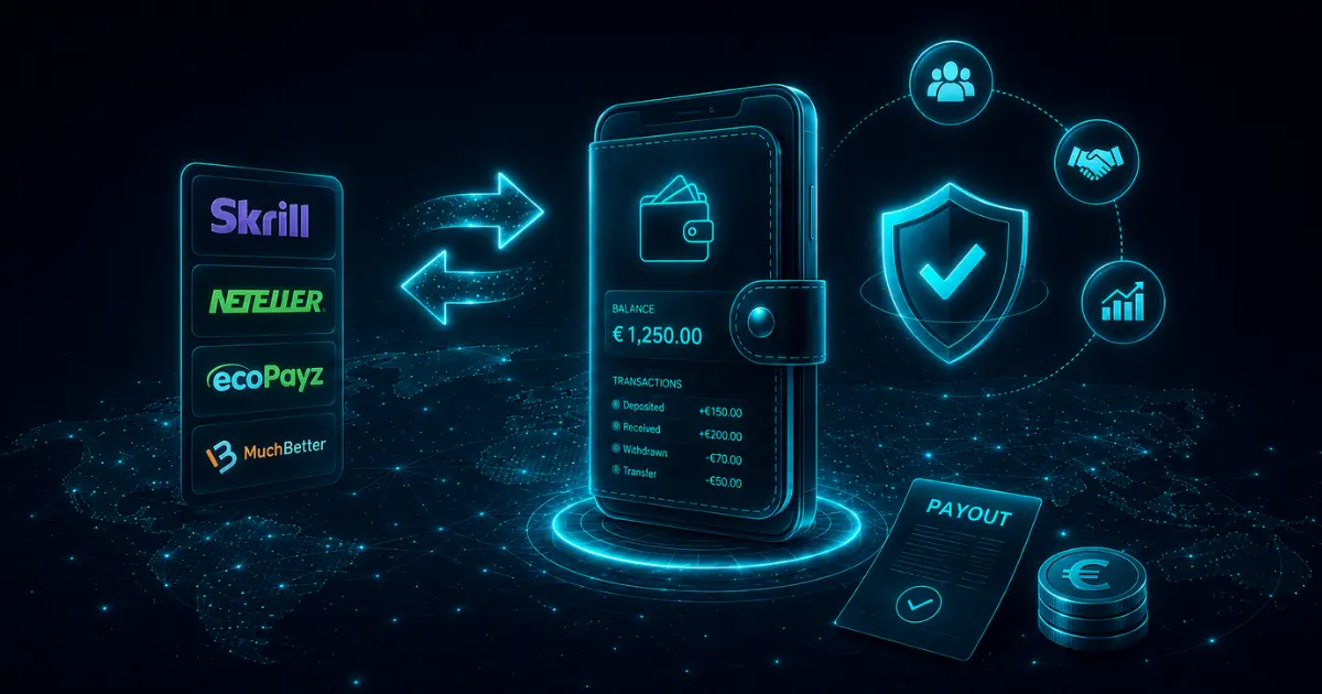 Digital wallet, payment tracking and affiliate program graphic for iGaming affiliates. 