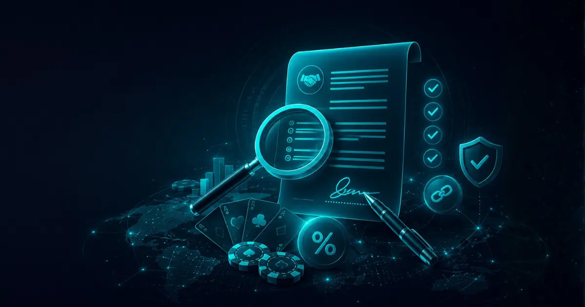 iGaming affiliate agreement with a magnifying glass, checklist, and casino icons on a dark blue background. 