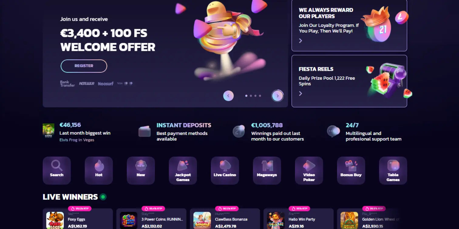 21bit Casino homepage displaying the welcome offer banner and game categories below.