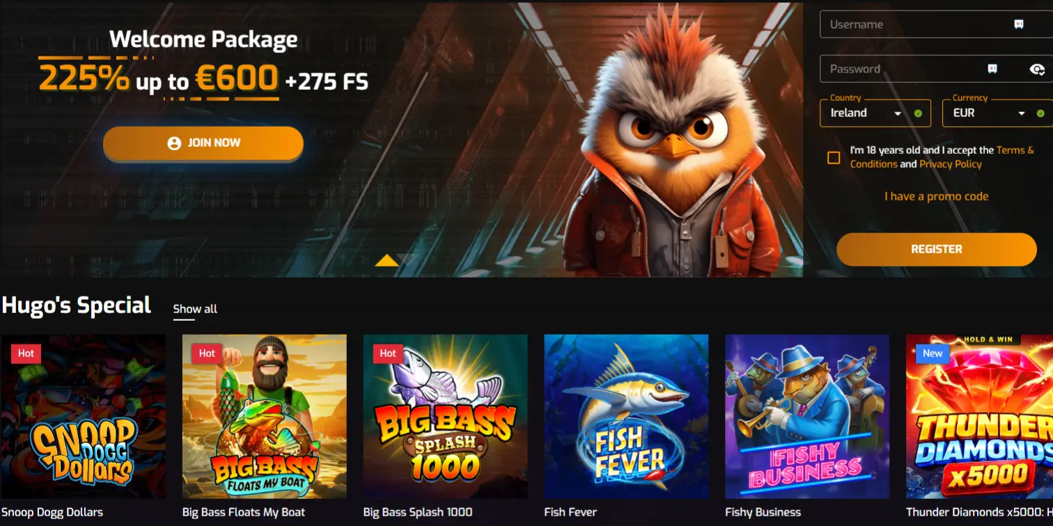 Hugo Casino homepage displaying the welcome bonus banner and exclusive titles below.