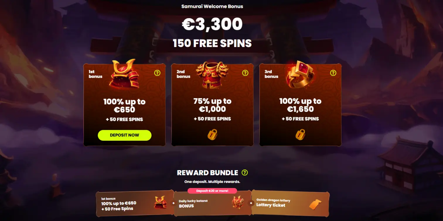  Spin Samurai Casino promotions page displaying the welcome bonus and other rewards bundles below.