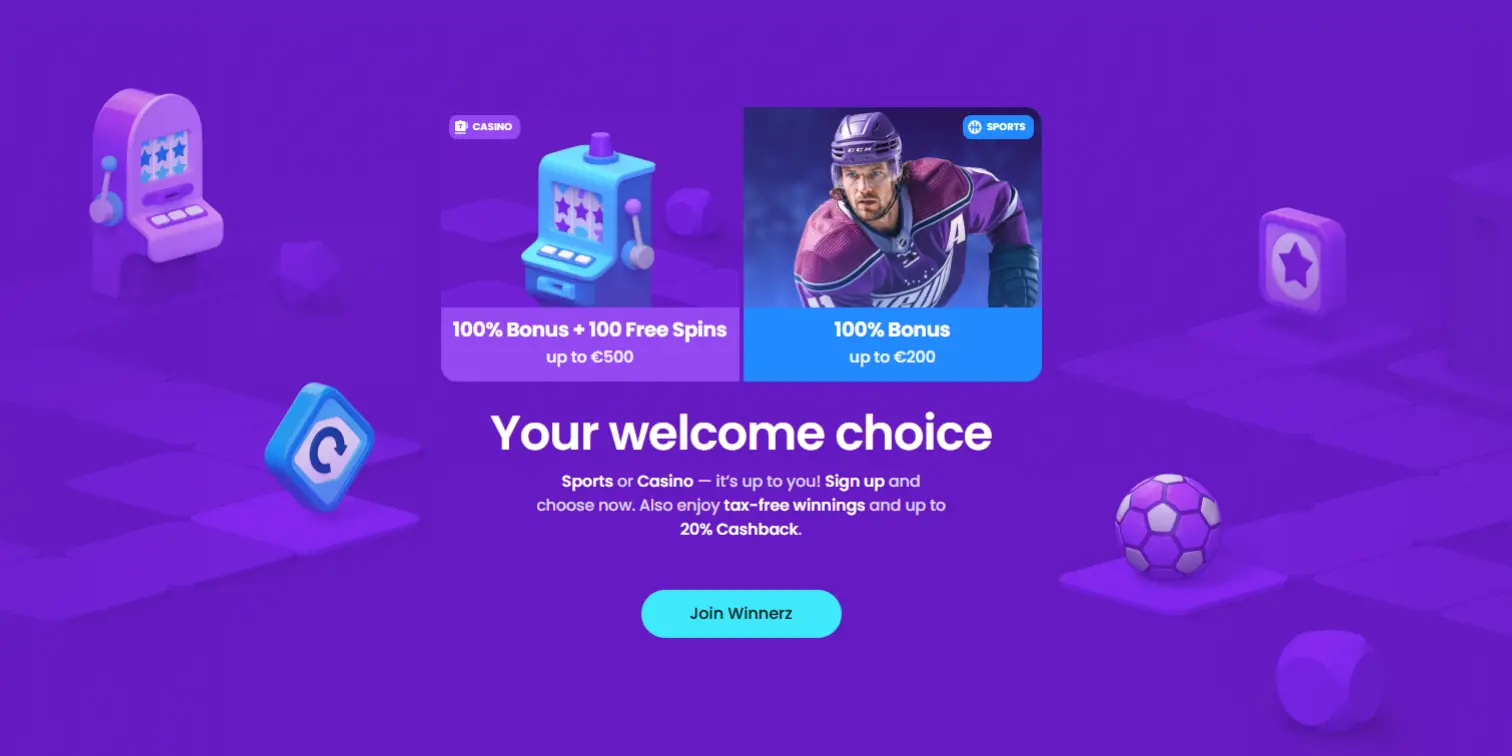 Winnerz Casino promotions page displaying the casino welcome package and sports welcome offer.