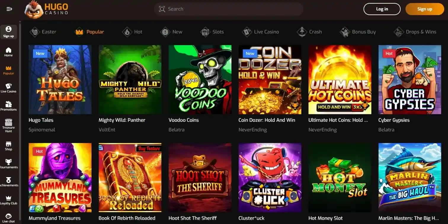 Hugo casino banner showing the casino games page and the most popular slot machine options