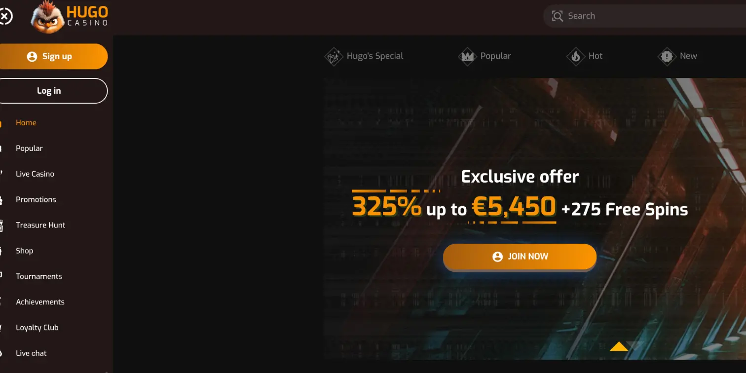 Hugo Casino homepage banner showing exclusive deposit bonus and free spins offer