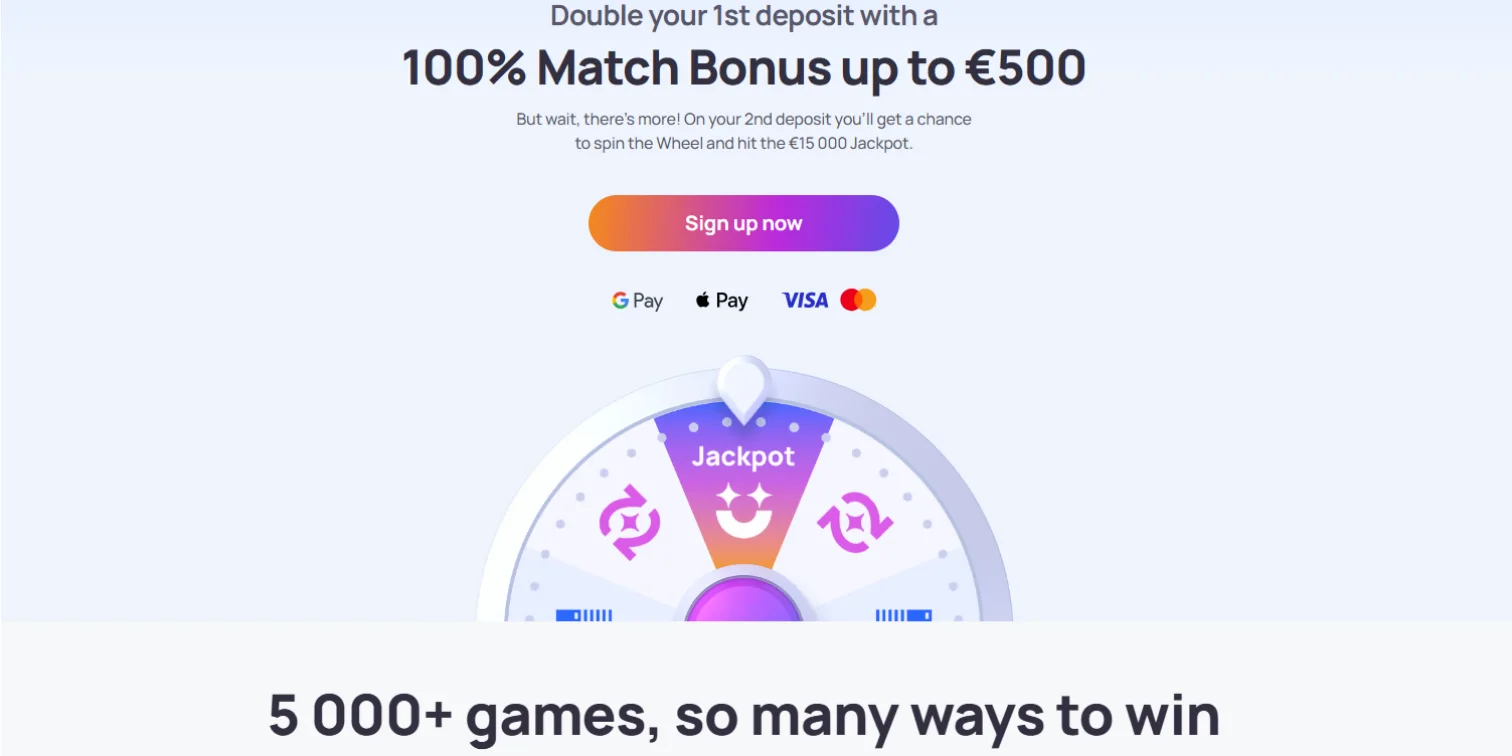 Hype Kasino promo offering a 100% match bonus up to €500 with a jackpot wheel.
