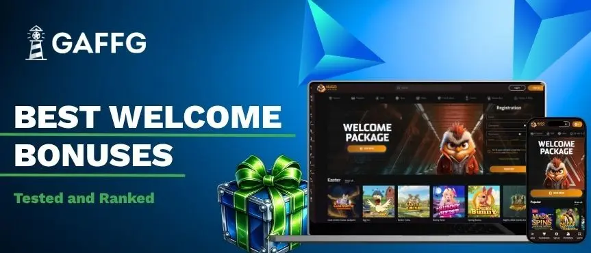 GAFFG best welcome bonuses banner with casino screens and a green gift box.