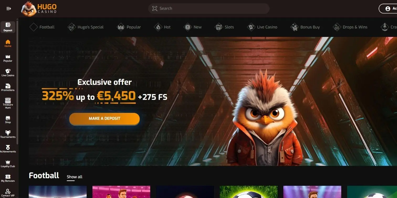 Hugo offers 325% bonus up to €5,450 and 275 free spins for bicoin casino players.