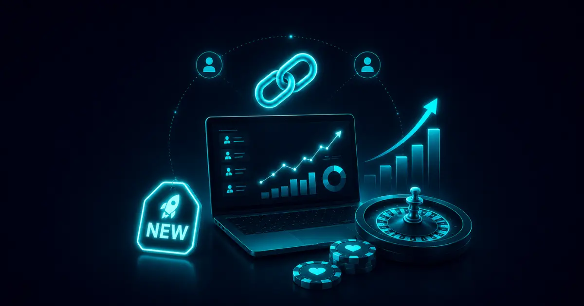 Neon casino affiliate marketing illustration with a “New” badge, tracking dashboard, and rising performance graph. 