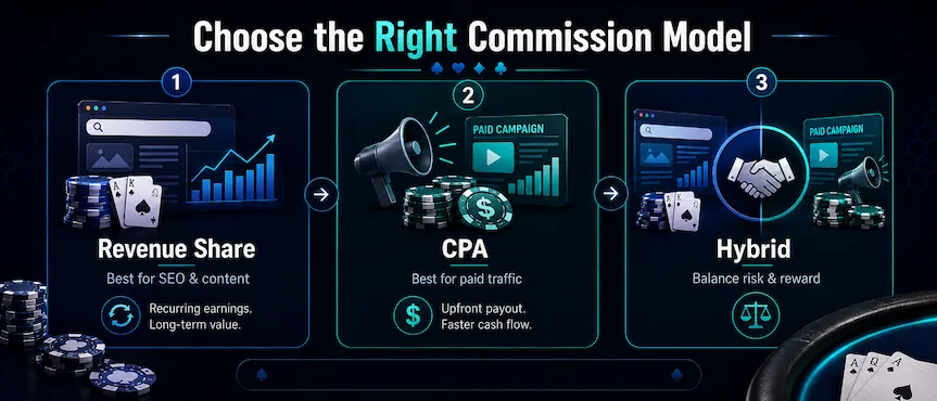 Infographic comparing revenue share, CPA, and hybrid poker affiliate commission models.