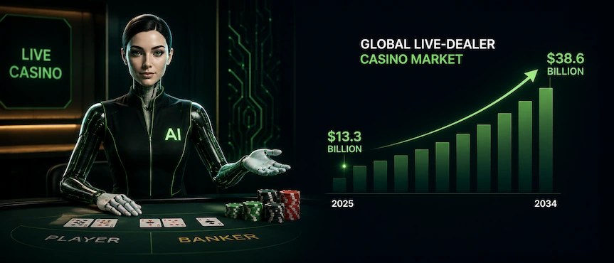 AI casino dealer beside chart showing live-dealer market growth from $13.3B to $38.6B.