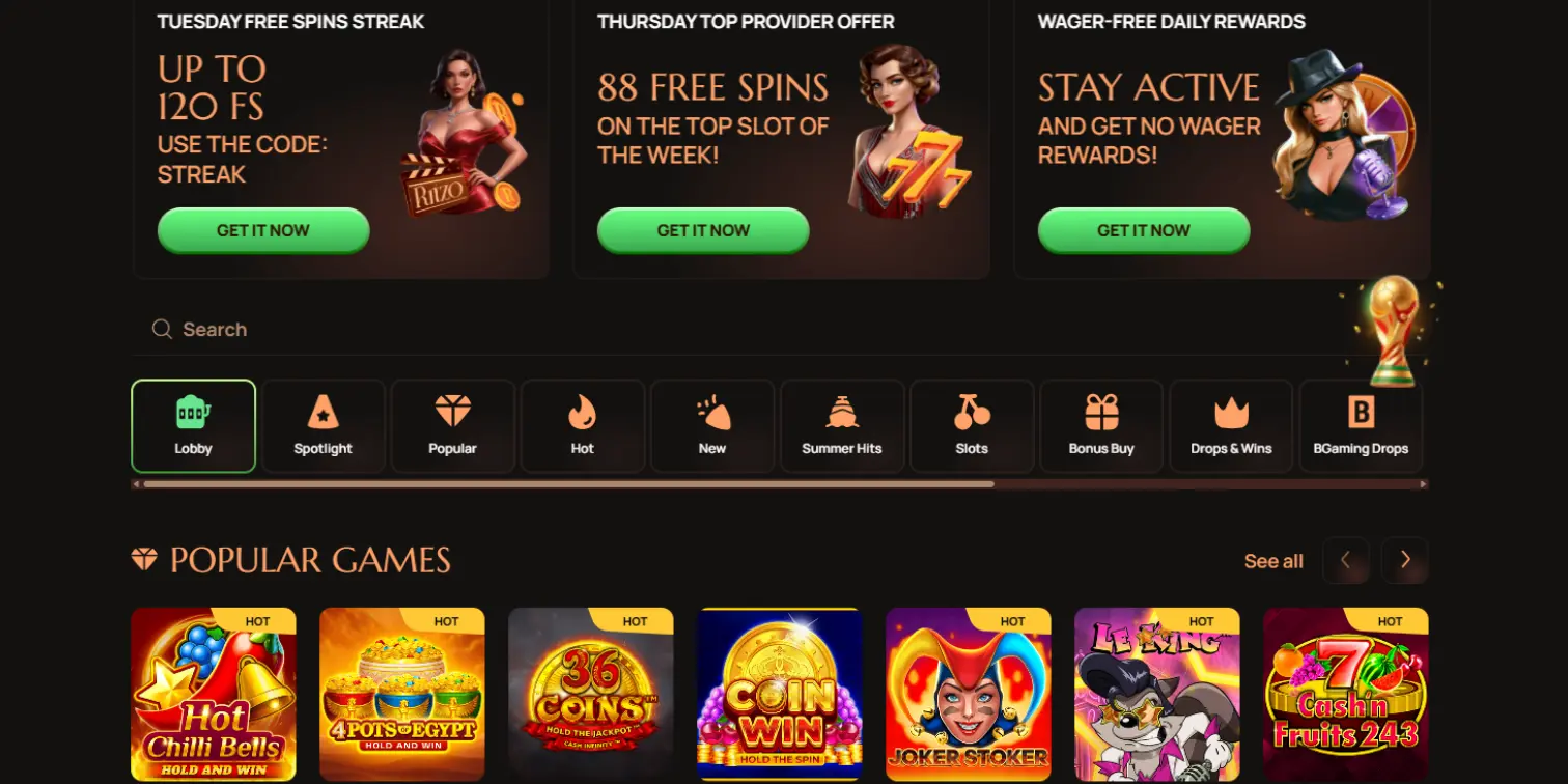 Ritzo Casino lobby with free spin promos, category tabs, and popular slot games.