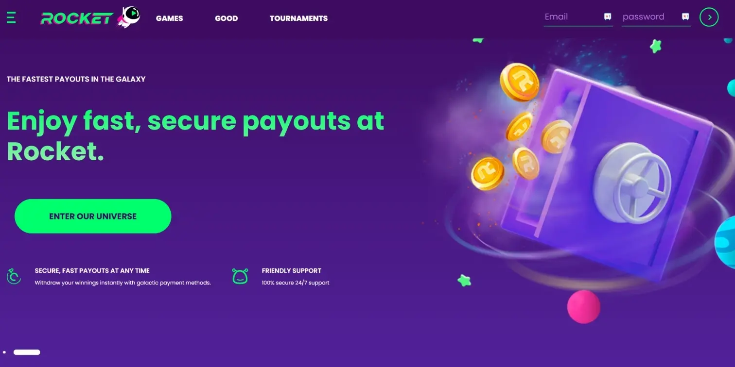 CasinoRocket banner showing the casino home page with the promo of fast and secure payments